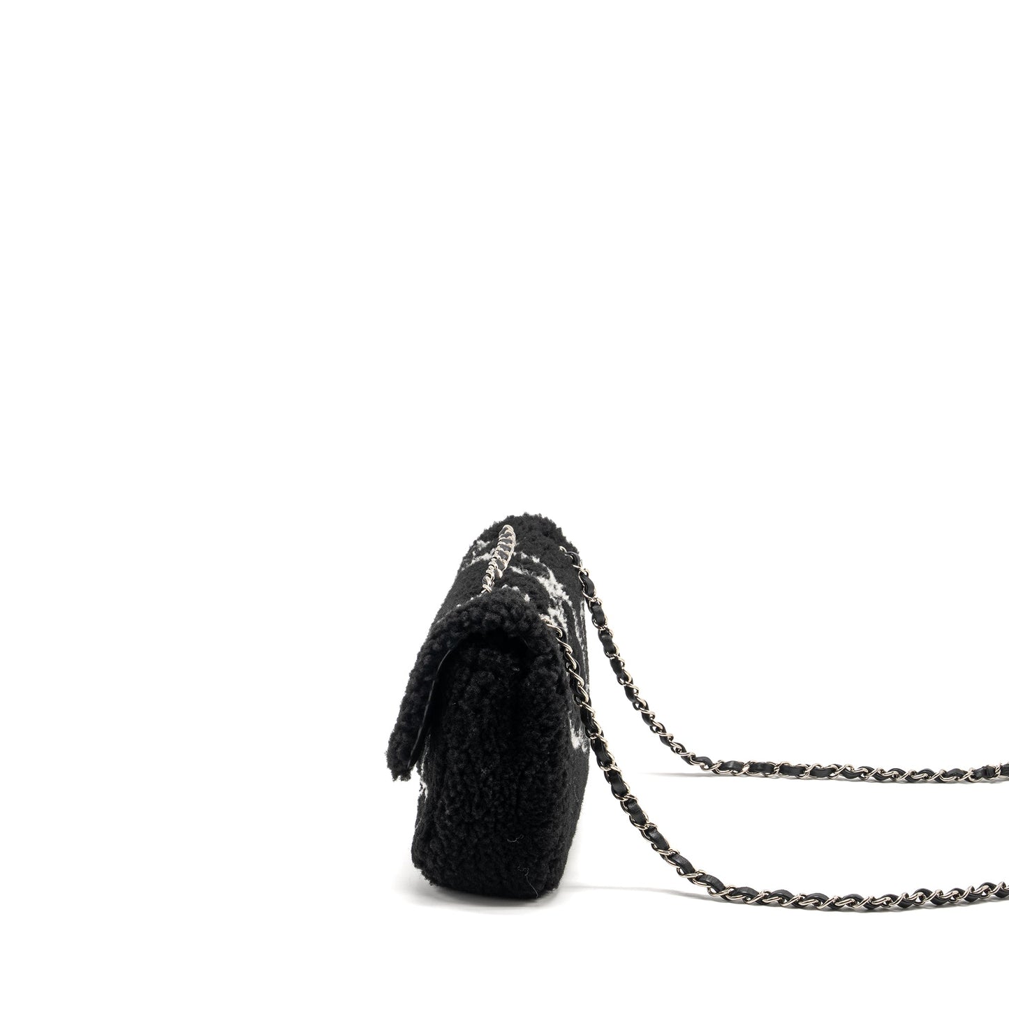 Chanel 22A Fluffy Camellia Flap Bag Embroidered Shearling Lambskin Black / White  (Microchip)
