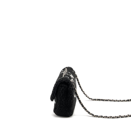 Chanel 22A Fluffy Camellia Flap Bag Embroidered Shearling Lambskin Black / White  (Microchip)