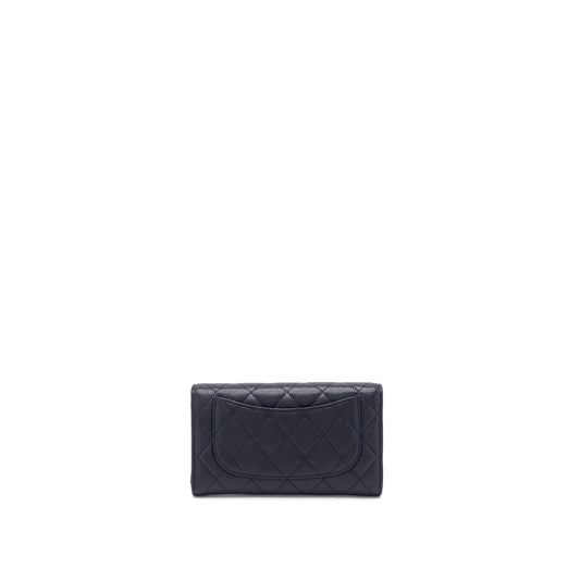 Chanel Classic Quilted Flap Long Wallet Caviar Dark Blue