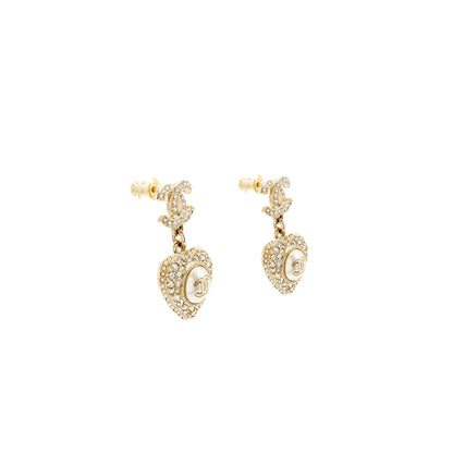 Chanel Heart Drop CC logo Earrings Crystal Light Gold Tone