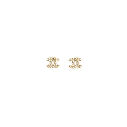 Chanel Classic Crystal CC Logo Earrings Light Gold Tone