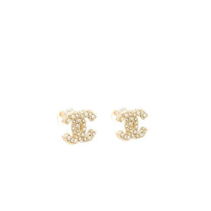 Chanel Classic Mini CC Logo Earrings Pearl/Crystal Light Gold Tone