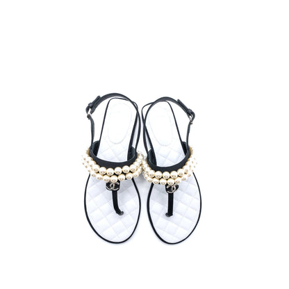 Chanel 22B Size 36 Flip Flops Sandals Pearl Leather/Fabric Black