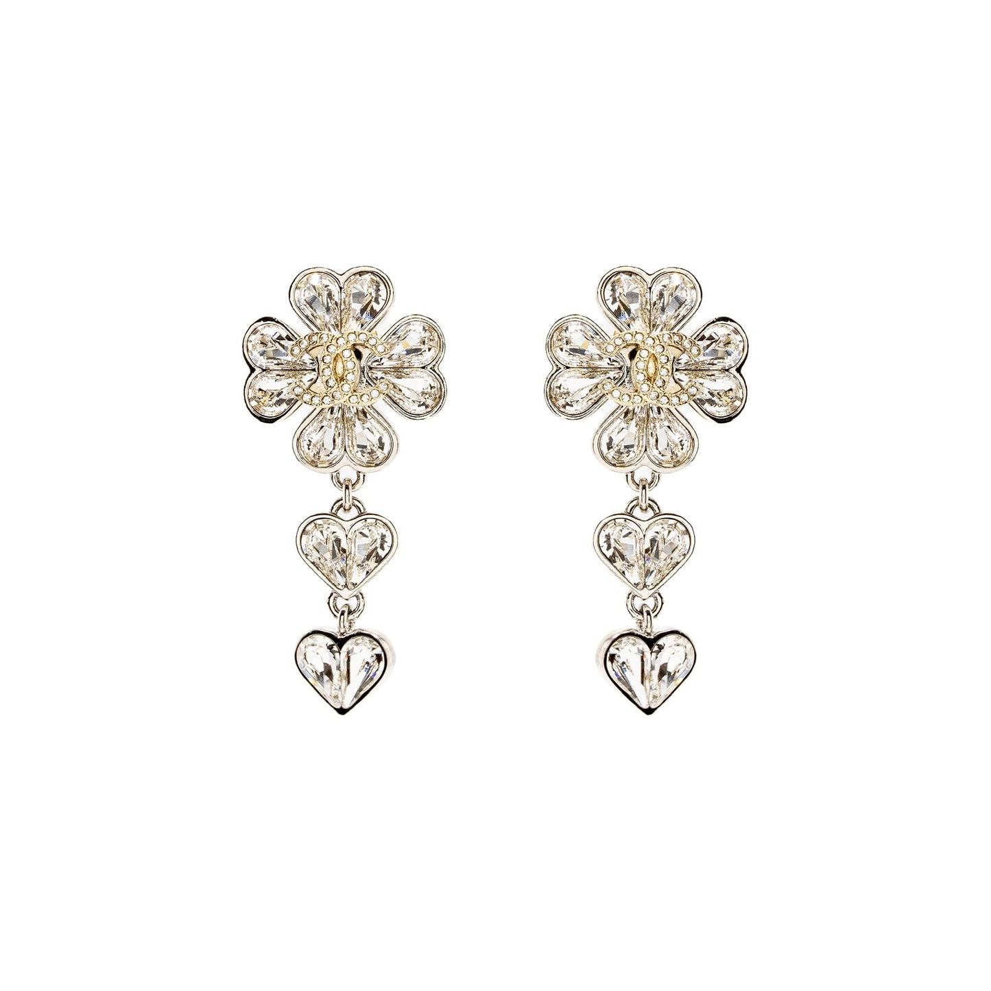 Chanel CC Clover Heart Drop Earrings Crystal Silver Tone
