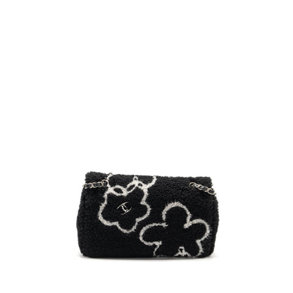 Chanel 22A Fluffy Camellia Flap Bag Embroidered Shearling Lambskin Black / White  (Microchip)