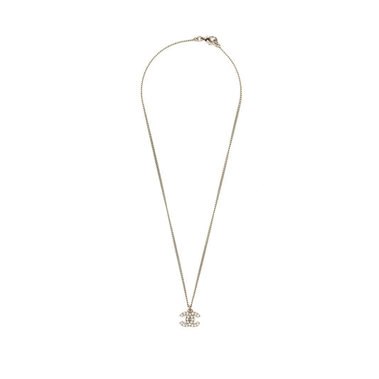 Chanel CC Logo Necklace Crystal Silver Tone