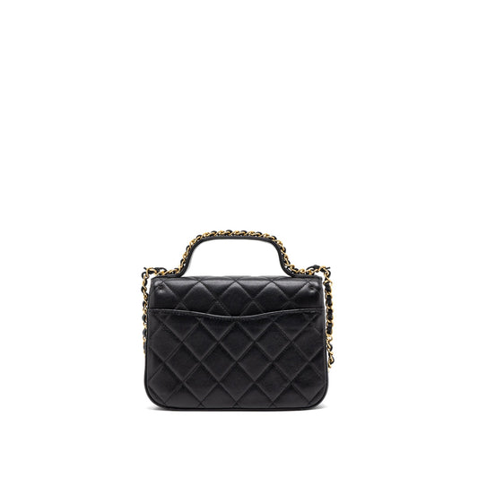 Chanel Top Handle Flap Bag Detailed Logo Goatskin Black