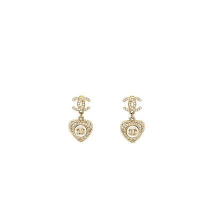 Chanel Heart Drop CC logo Earrings Crystal Light Gold Tone