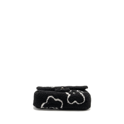 Chanel 22A Fluffy Camellia Flap Bag Embroidered Shearling Lambskin Black / White  (Microchip)