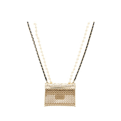 Chanel Micro Bag Necklace Pearl/ Leather Chain L