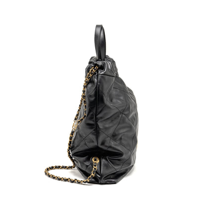 Chanel 22 Backpack White Letter Logo Shiny Calfskin Black  (Microchip)