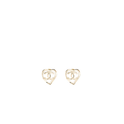 Chanel Heart and CC Logo Earrings Light Gold Tone