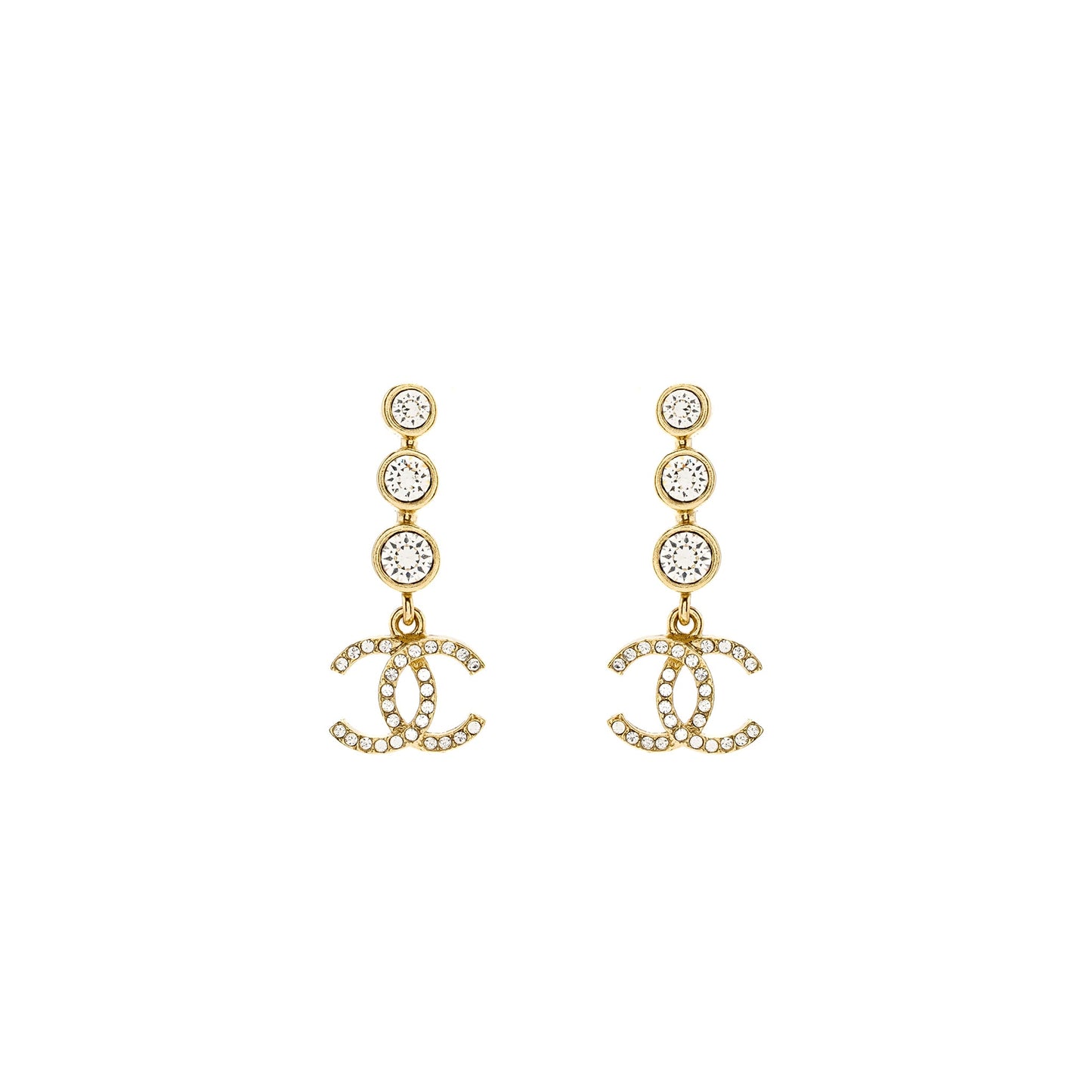 Chanel CC Logo Dropped Earrings Crystal Light Gold Tone