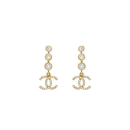 Chanel CC Logo Dropped Earrings Crystal Light Gold Tone