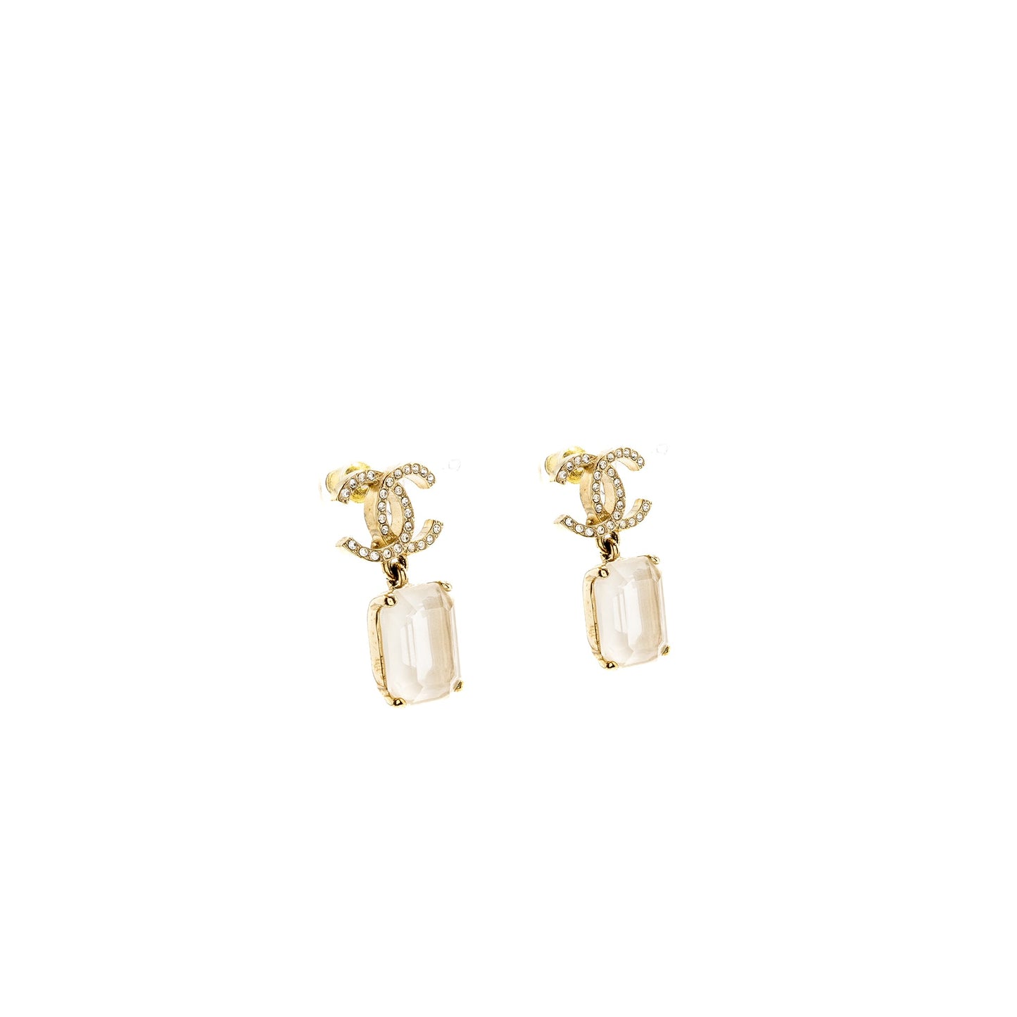 Chanel CC Logo Square Drop Earrings with Crystal Light Gold Tone