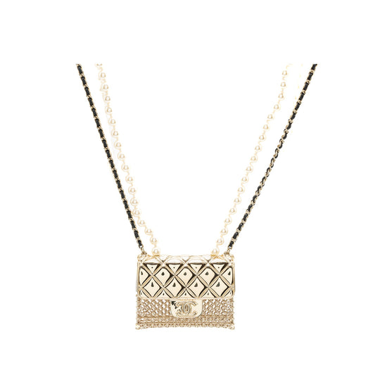 Chanel Micro Bag Necklace Pearl/ Leather Chain L