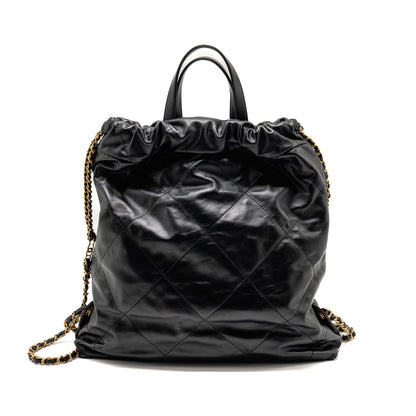 Chanel 22 Backpack White Letter Logo Shiny Calfskin Black  (Microchip)