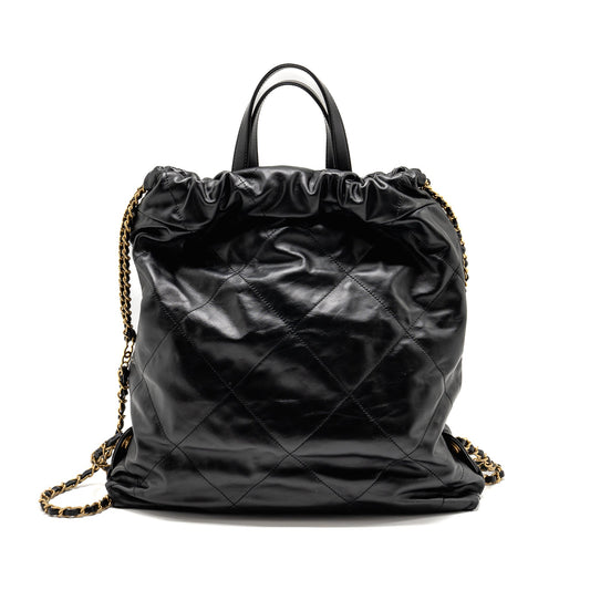 Chanel 22 Backpack White Letter Logo Shiny Calfskin Black  (Microchip)