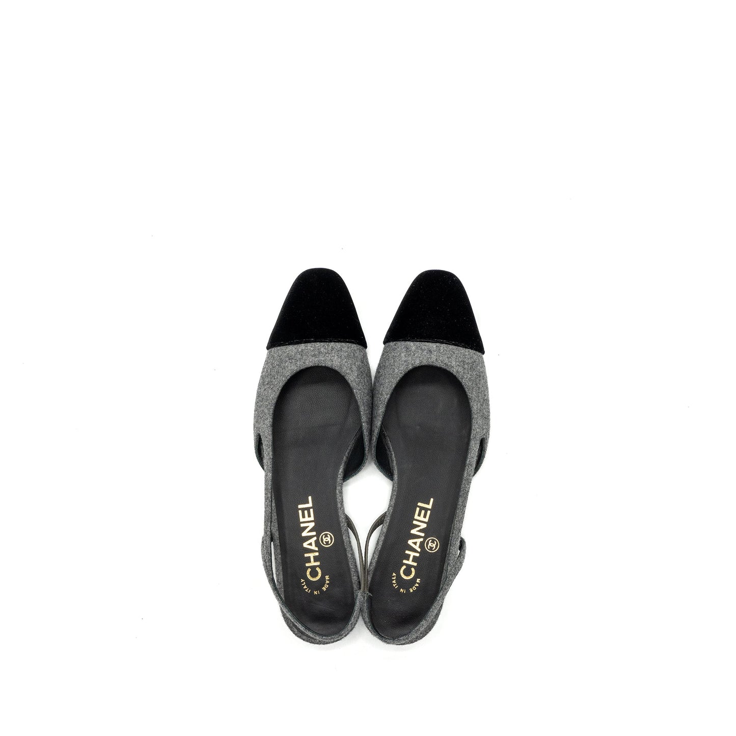 Chanel Size 37 Sling Back Flat Shoes Felt/Velvet Grey/Black