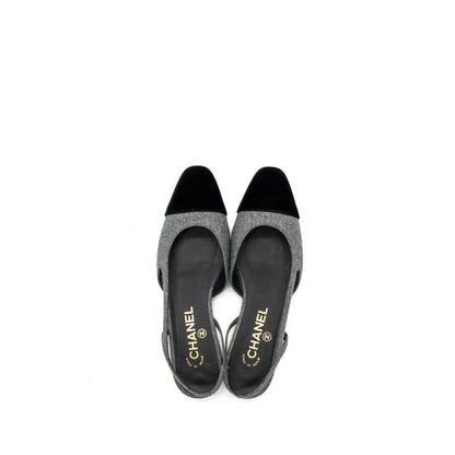 Chanel Size 37 Sling Back Flat Shoes Felt/Velvet Grey/Black