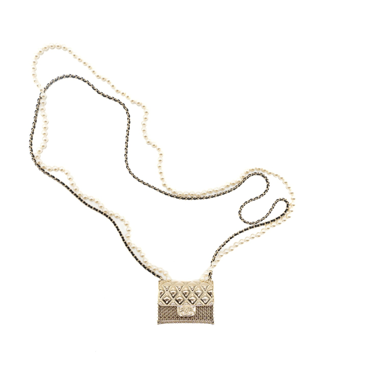 Chanel Micro Bag Necklace Pearl/ Leather Chain L