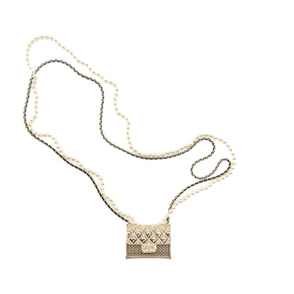 Chanel Micro Bag Necklace Pearl/ Leather Chain L