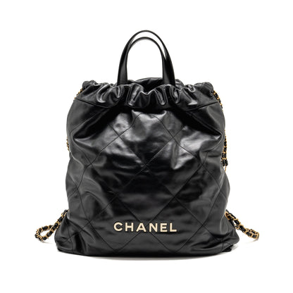 Chanel 22 Backpack White Letter Logo Shiny Calfskin Black  (Microchip)
