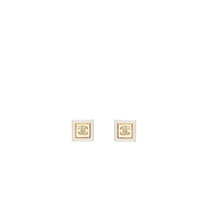 Chanel Square and CC logo earrings white gold tone