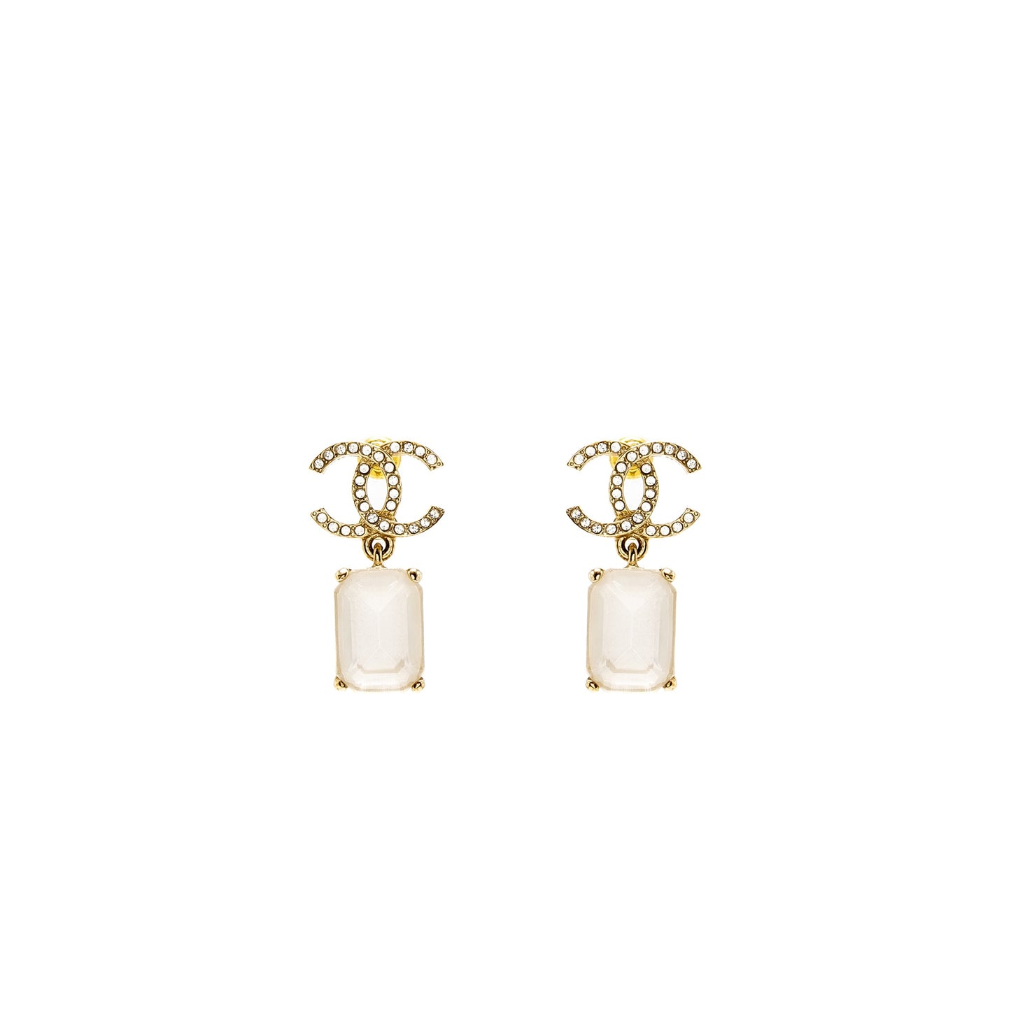 Chanel CC Logo Square Drop Earrings with Crystal Light Gold Tone