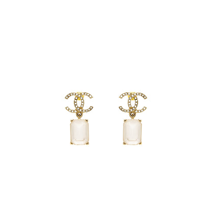 Chanel CC Logo Square Drop Earrings with Crystal Light Gold Tone