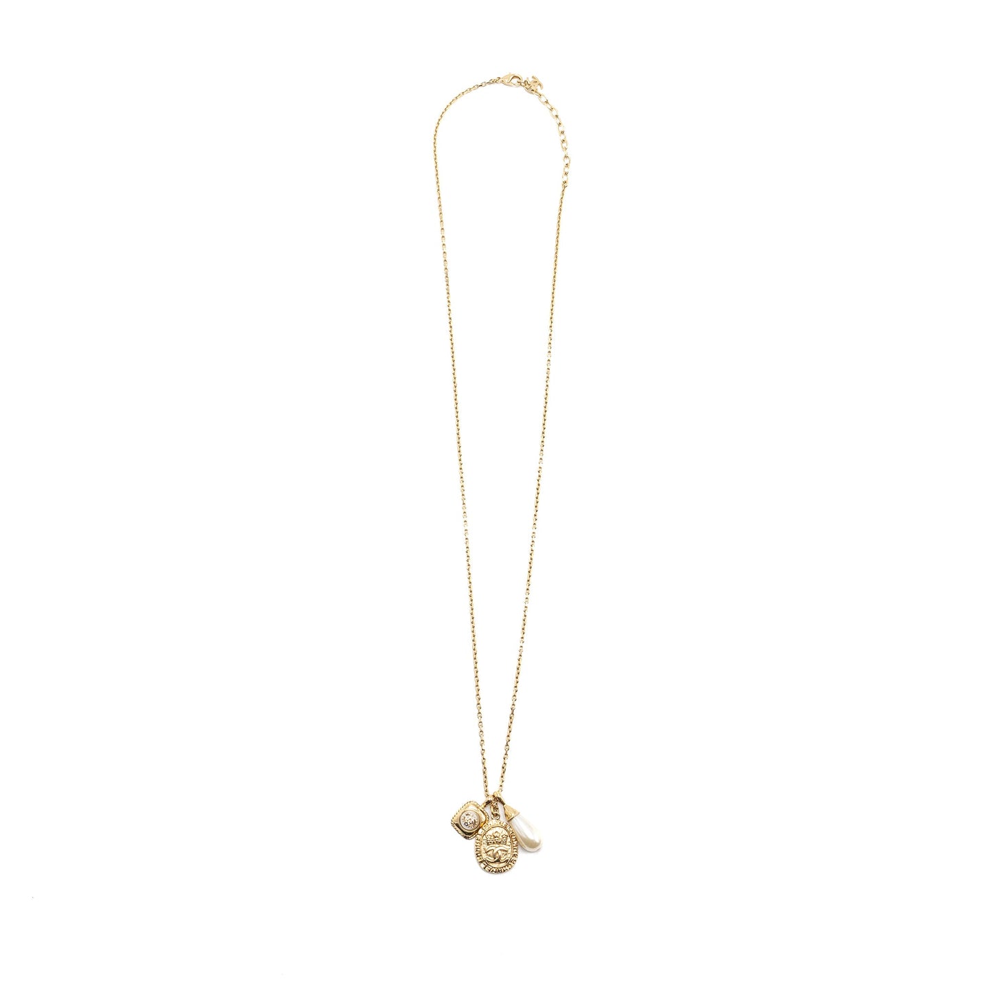 Chanel 21A Metal Plate Crystal Necklace Brushed Gold Tone