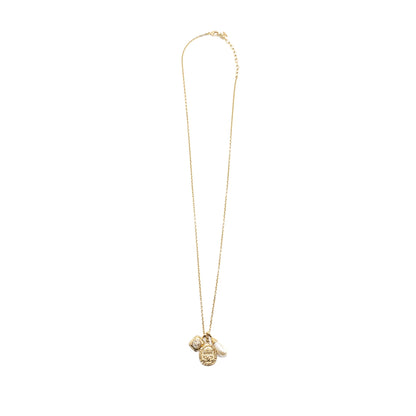 Chanel 21A Metal Plate Crystal Necklace Brushed Gold Tone