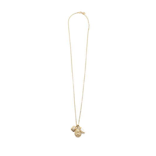 Chanel 21A Metal Plate Crystal Necklace Brushed Gold Tone