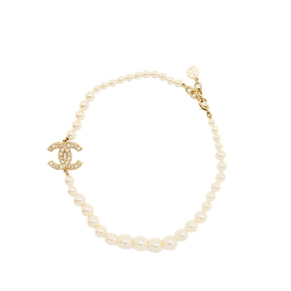 Chanel CC logo pearl necklace light gold tone