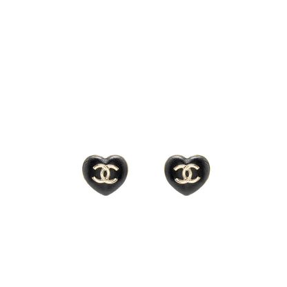 Chanel 22k CC Logo Heart Shape Earrings Lambskin Black L