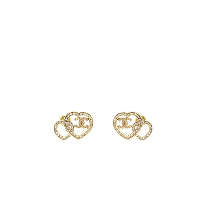 Chanel Double Heart CC Earrings Crystal Light Gold Tone