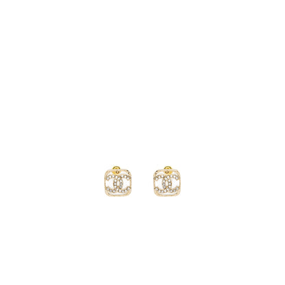 Chanel Square CC Logo Earrings Crystal Light Gold Tone