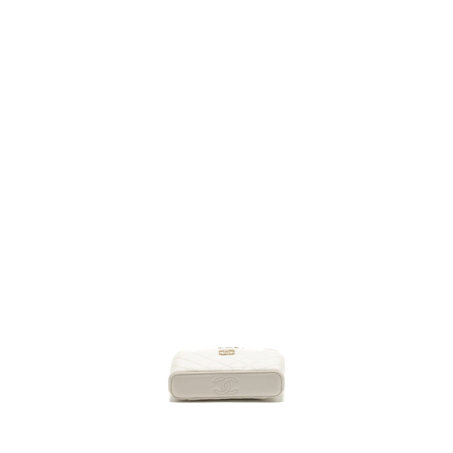Chanel 23k Camellia Top Handle Long Vanity Case With Chain Calfskin White L (Microchip)