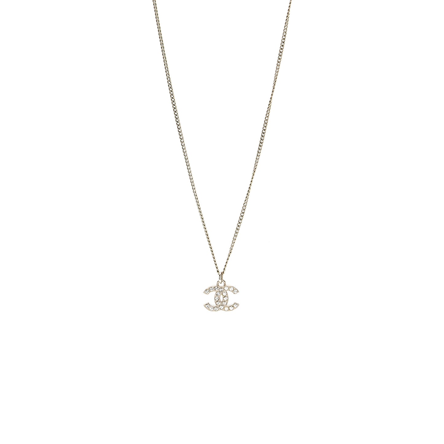 Chanel CC Logo Necklace Crystal Silver Tone