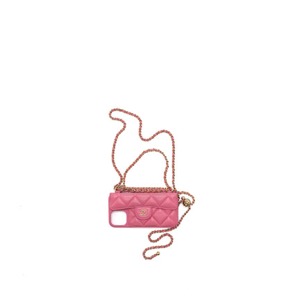 Chanel 21P pearl crush phone case with chain for iPhone 12 lambskin pink L