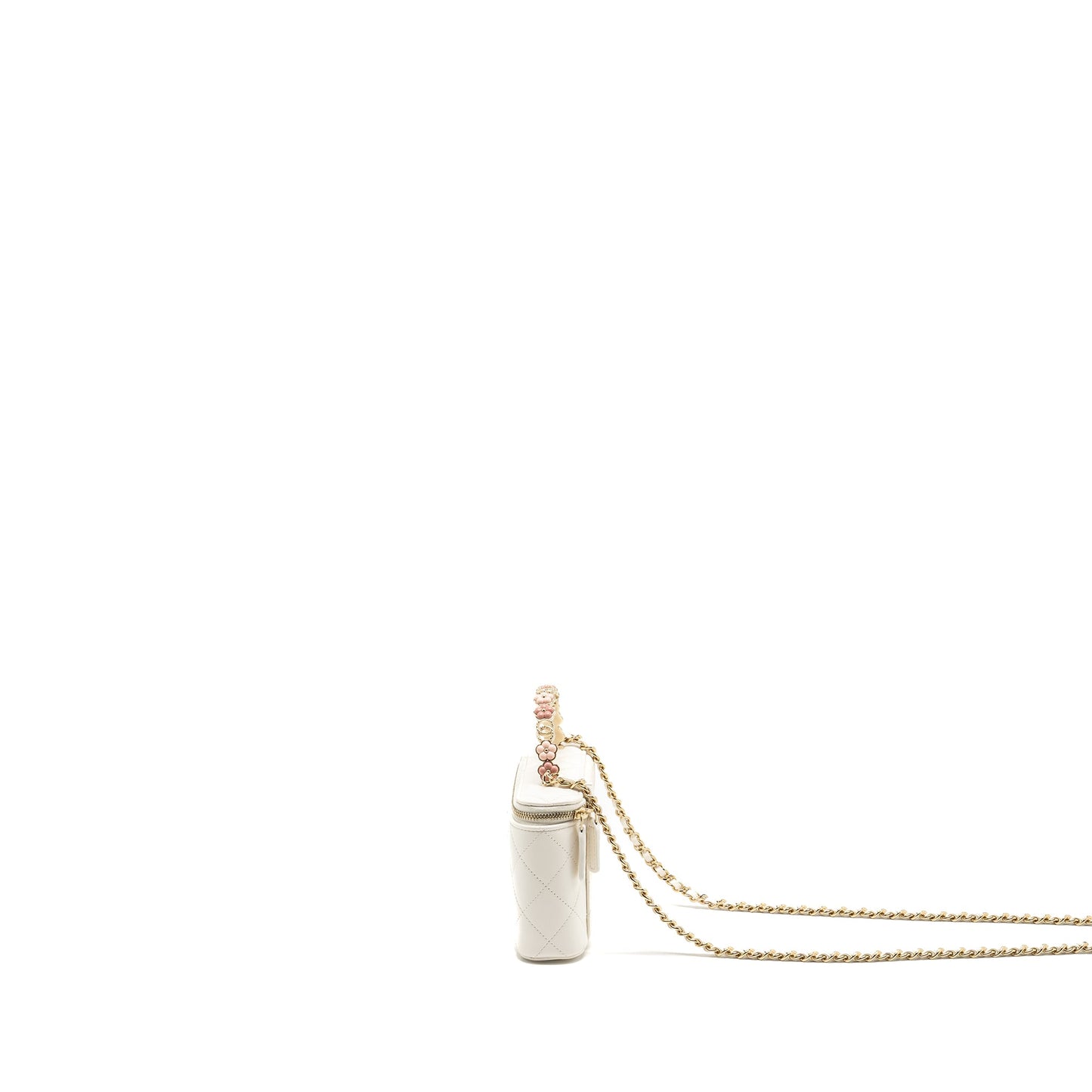 Chanel 23k Camellia Top Handle Long Vanity Case With Chain Calfskin White L (Microchip)