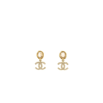 CHANEL Pearl CC Logo Drop Earrings Crystal Light Gold Tone