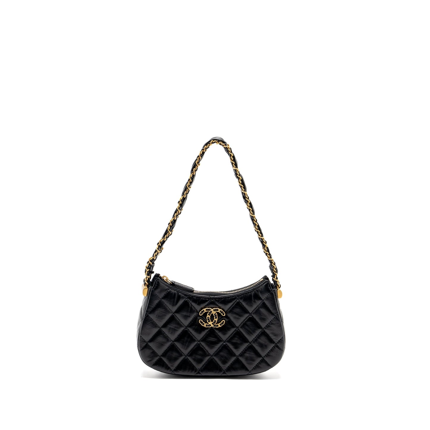 Chanel 23k Small Hobo Shoulder Bag Calfskin Black  (microchip)