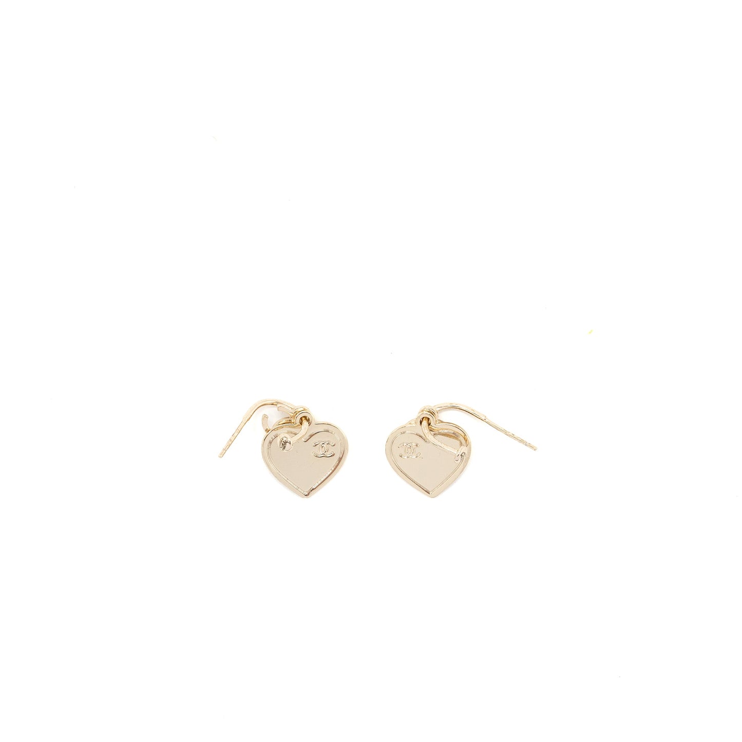 Chanel cc logo heart dropped earrings light gold tone