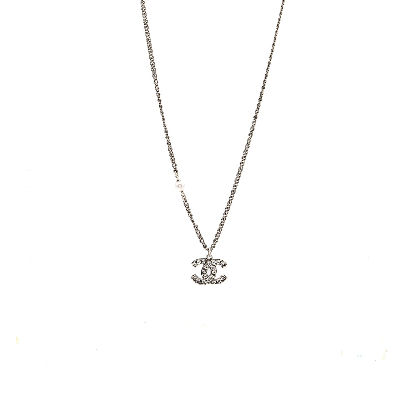 Chanel cc logo necklace crystal/pearl ruthenium hardware