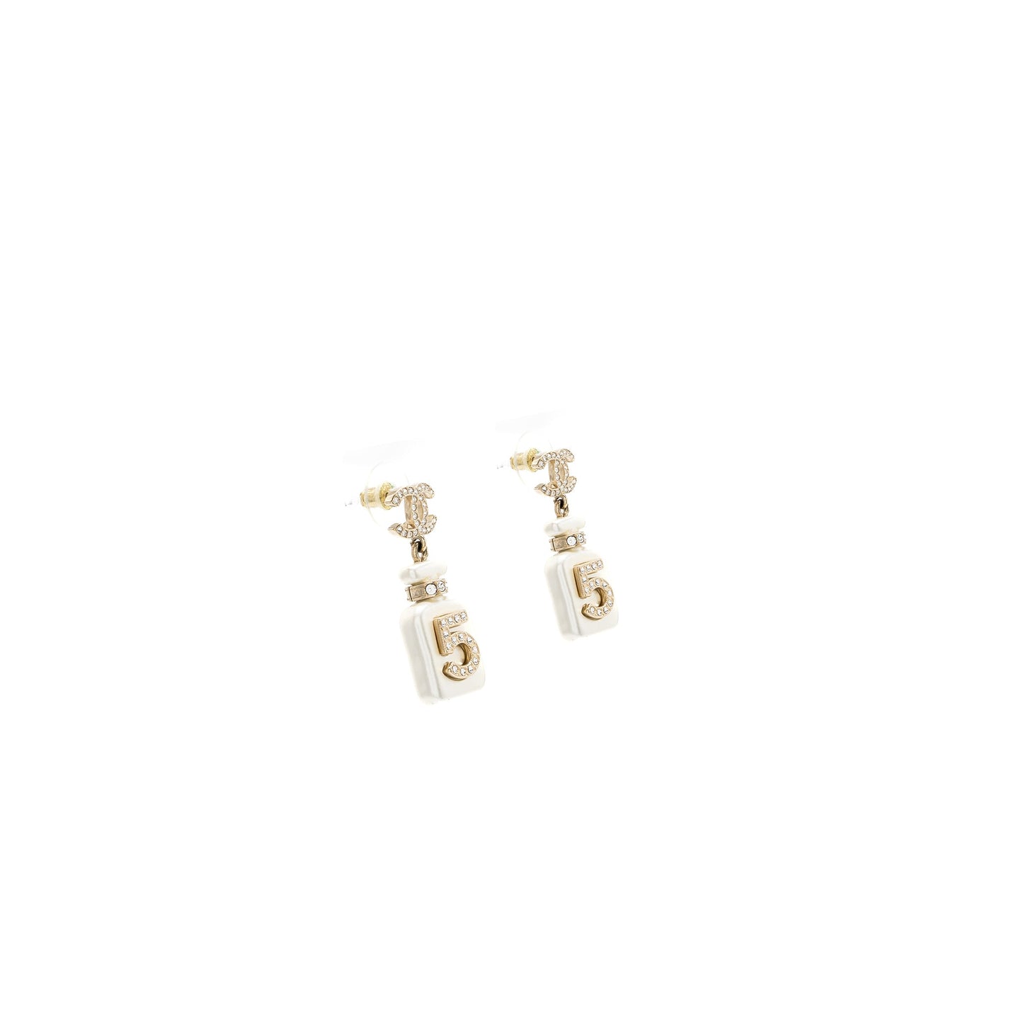 Chanel No.5 Perfume Bottle Earrings Crystal Light Gold Tone