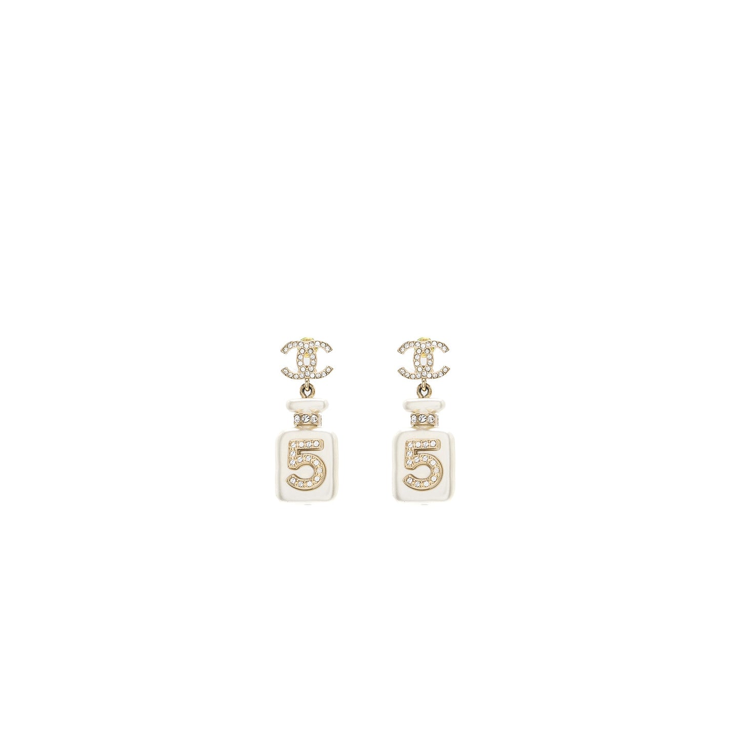Chanel No.5 Perfume Bottle Earrings Crystal Light Gold Tone