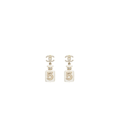Chanel No.5 Perfume Bottle Earrings Crystal Light Gold Tone