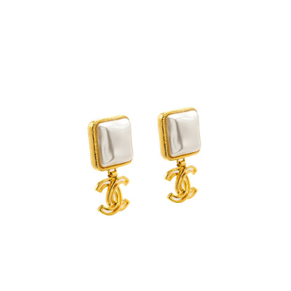 Chanel CC Logo Drop Square Pearl Earrings Gold Tone
