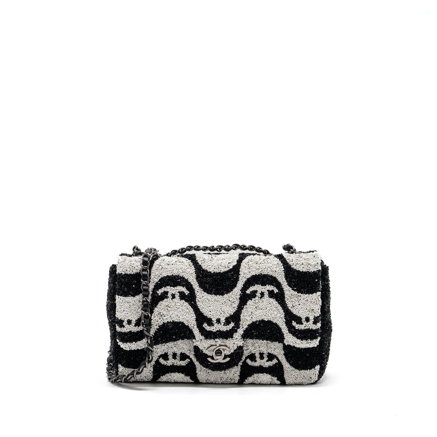 Chanel 21P Limited Edition Flap Bag Sequins/ Satin Black/ White